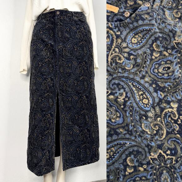 Vintage 90s Corduroy Parsley Midi Skirt Whimsigoth Grunge Academia Fall Slit - Picture 1 of 6